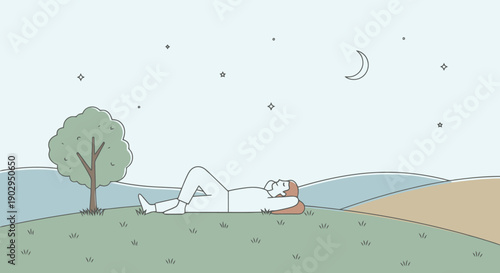 Person Relaxing Outdoors at Dusk Under a Crescent Moon and Stars Enjoying Peaceful Evening Scenery