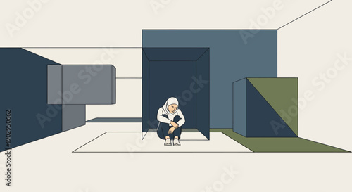 Young Person Crouched Inside Abstract Geometric Architecture Cubes Feeling Isolated With Shadows And Minimalism Style Architecture