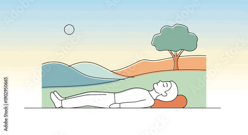 Person resting peacefully outdoors on a pillow under a tree and distant hills with a light gradient sky symbolizing serenity and tranquility during a