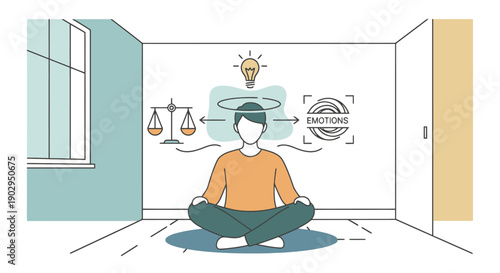 Person meditating in a room contemplating ideas balance and emotions with a lightbulb symbolizing inspiration insight and personal growth concept