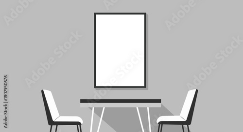 Minimal dining room wall poster frame mockup with table and chairs