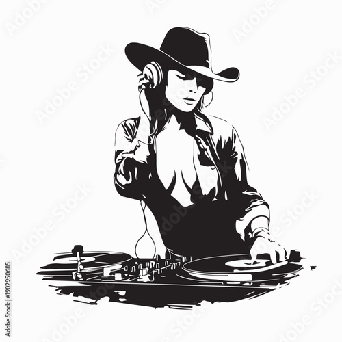 Cowgirls DJ Silhouette Performing at Turntable and Mixer Illustration Suitable for Music Events
