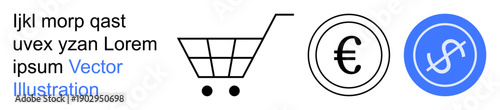 E-commerce, financial transactions, shopping, currency exchange, online business, global payments. Shopping cart, Euro symbol and dollar sign. E-commerce and financial transactions ion