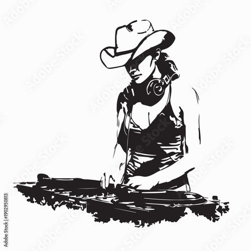 Cowgirls DJ Silhouette Performing at Turntable and Mixer Illustration Suitable for Music Events