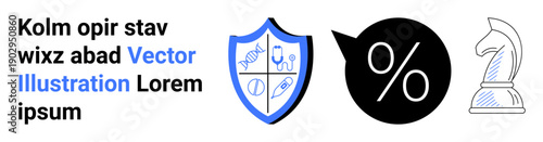 Data protection, medical science, financial planning, strategic thinking, cybersecurity, statistical analysis. Shield with DNA, pill icon percentage and chess knight symbols. Security and medical