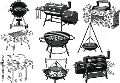 Barbecue grill vector set featuring charcoal gas smoker fire pit outdoor kitchen camping bbq cooking equipment illustrations