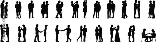 Collection of black silhouettes of couples in romantic poses and activities on white background Keywords: couple, silhouette