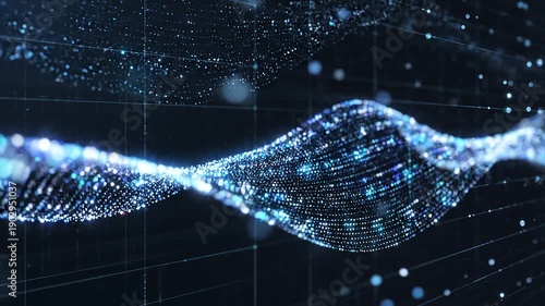 A luminous DNA helix wave flows through a dark universe backdrop, featuring a fractal technology pattern and grid elements that create a high-quality virtual reality representation of genetic informat