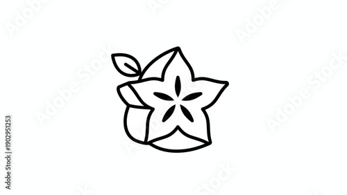 Minimalist black line art of a starfruit with a leaf, representing healthy tropical fruit and