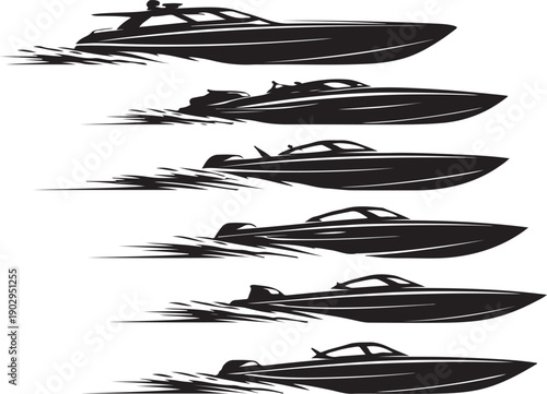 Speed Boat Fleet Silhouette Side View Multiple Fast Boats
