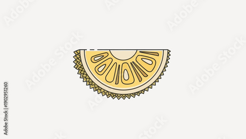 Vibrant cartoon style illustration of a fresh tropical durian fruit half slice on a minimal