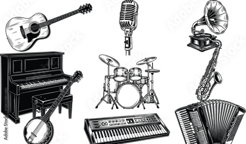 Musical instruments vector set featuring guitar piano drums microphone saxophone accordion keyboard banjo gramophone illustrations for music design branding posters
