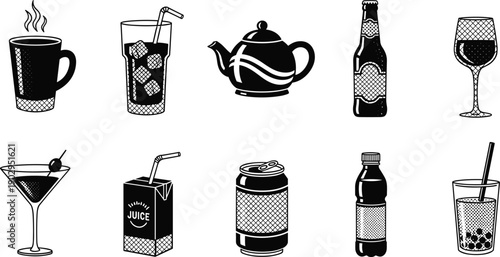 Beverage drink icons vector set featuring coffee tea juice soda beer cocktail bottle glass illustrations for cafe bar design