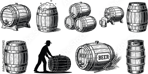 Beer barrel vector illustration set featuring wooden kegs brewery storage taps mugs brewing process elements for craft beer design