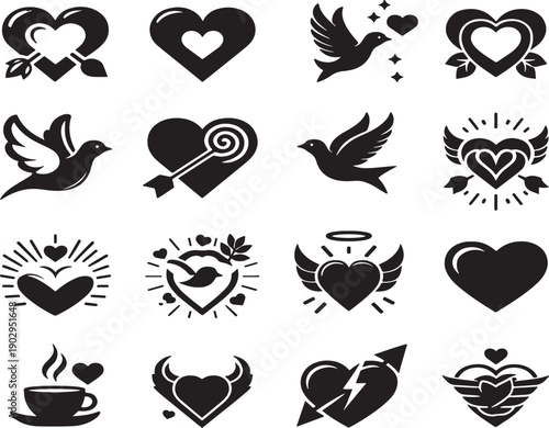 Collection of various heart-themed icons and symbols in black and white