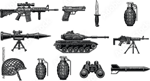Military weapons vector set featuring rifles pistols grenades tank rocket launcher helmet binoculars for army combat illustration design