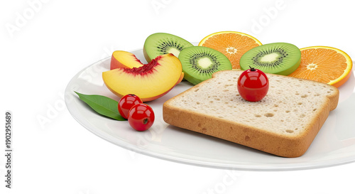 Plate with Toast, Peach, Kiwi, Orange Slices, and Cherries