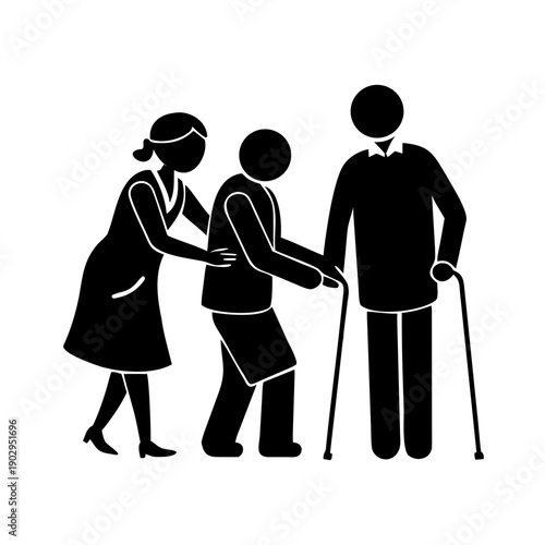 Illustration of a healthcare worker assisting an elderly woman with a walking cane while an elderly man stands beside them in a simple black and white ... See More