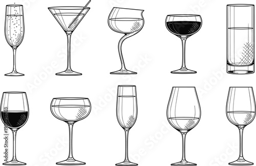 Drinkware glassware vector set featuring wine cocktail champagne glasses bar drink illustration collection isolated outline design black white line art