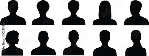 Collection of Ten Diverse Human Head and Shoulder Silhouettes on White Background heads shoulders