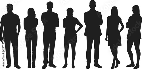 Collection of seven business people silhouettes in professional poses on a white background group