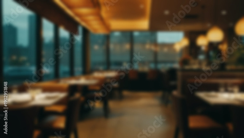 Wallpaper Mural Blurred background of contemporary urban restaurant interior with sleek furniture and modern textures, located in a city dining space during the evening. Warm ambient lighting defines mood. Torontodigital.ca