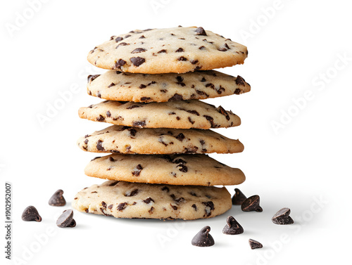 Stack of chocolate chip cookies isolated on white background