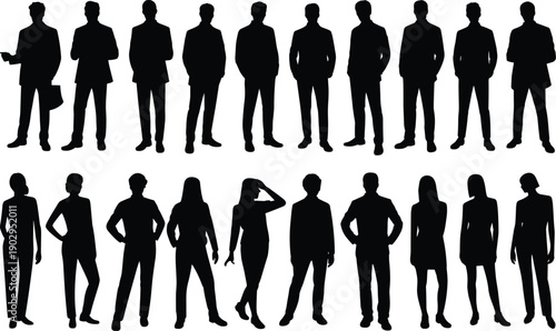 Diverse group of male and female silhouettes in business attire and casual poses Keywords: silhouette, people, male, female, men
