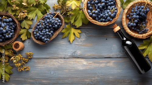 Grape Harvest Festival, Overhead View of Grapes, Wine Bottle, and Corks on Wooden Table During Grape Harvest Festival Celebrating Winemaking and Autumn Vineyard Traditions