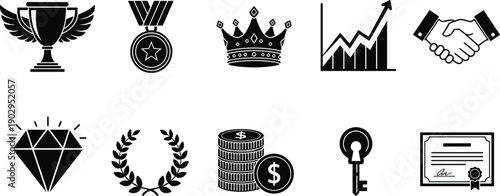 Business success icons set including trophy crown growth chart handshake diamond money key certificate achievement leadership finance vector