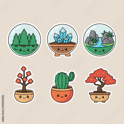 Collection of six cute kawaii terrariums and potted plants including bonsai cactus and crystal jar icons isolated on a beige background.