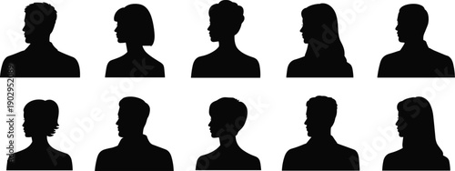 Diverse Male and Female Head Silhouettes in Profile Facing Left and Right face