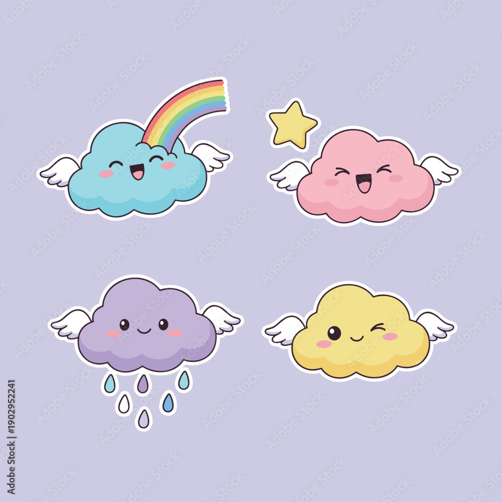 Obraz premium Four cute kawaii cloud characters with wings rainbow and raindrops representing different weather moods isolated on a light purple background.
