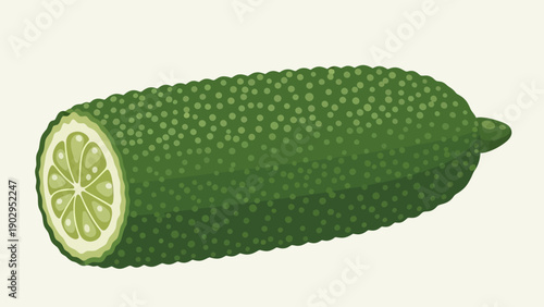 A detailed vector illustration of a vibrant green finger lime, sliced open revealing its unique