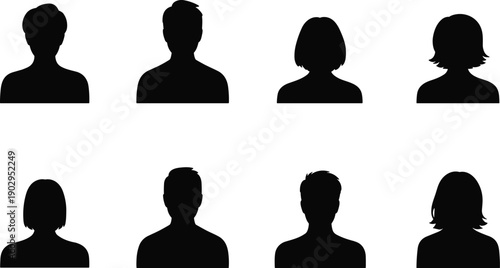 Eight Black Silhouettes of Diverse Human Head and Shoulder Profiles on White Keywords: silhouette, profile, head, shoulders