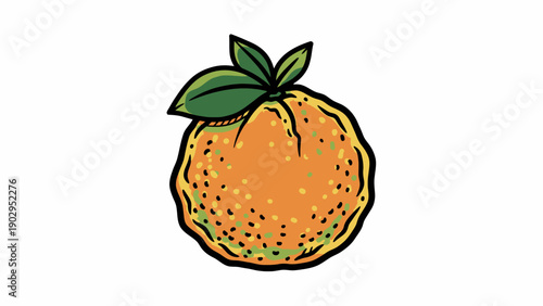 Vibrant hand-drawn orange illustration with fresh green leaves on a white background, perfect for