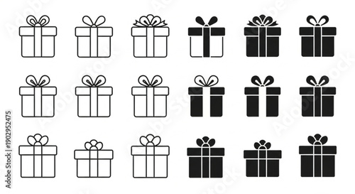 Gift Box Collection: An array of gift boxes, some outlined and others solid, each adorned with a graceful ribbon. Ready for various occasions like Christmas, birthdays, or any special celebration!