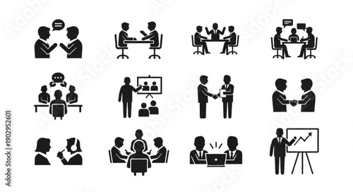 Collection of business meeting and discussion icons.