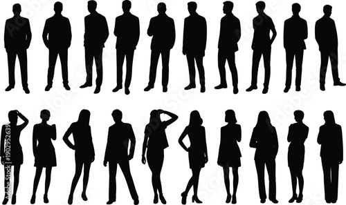 Group of male and female silhouettes in business and casual outfits Keywords: silhouette, people, men, women, male, female