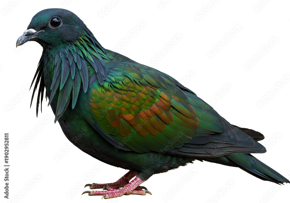 Fototapeta premium Vibrant green and blue exotic bird with long feathers around its neck standing against a white background.