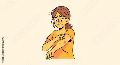 Woman experiencing discomfort and itching on her arm, scratching with a concerned expression, illustrating skin irritation or allergic reaction issue.