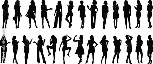 Large collection of female silhouettes in diverse poses and outfits on a white background women fashion