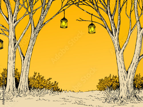 Illustration of trees with hanging lanterns against a bright yellow sky
