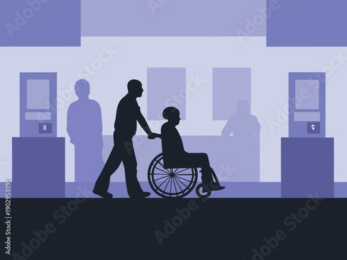 A healthcare worker assisting a patient in a wheelchair through a hospital corridor