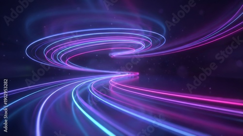 Vibrant neon light trails swirling in purple and blue hues