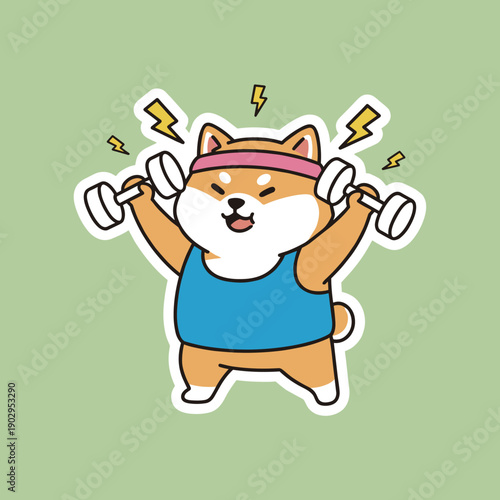 Motivated Shiba Inu Dog Character Exercising with Dumbbells and Wearing a Headband Isolated on Green Background for Fitness and Gym Concept