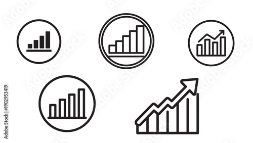 Black and white icons representing growth data and financial statistics
