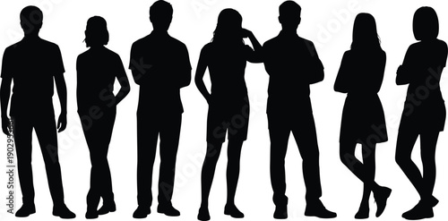 Seven Diverse Silhouettes Of Men And Women Standing Together On White people group