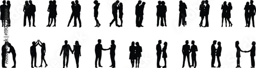 Silhouettes of couples in romantic embraces and interactions on a white background Keywords: couple, silhouette, people, man
