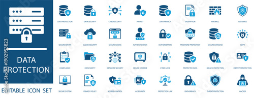 Data protection icon set. featuring cyber security, encrypted storage, privacy, and network safety elements in blue flat style for cloud computing and information technology.